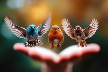 Fototapeta premium This dynamic shot showcases three birds flying gracefully from a hand, symbolizing freedom, connection with nature, and the beauty of flight through vibrant colors.