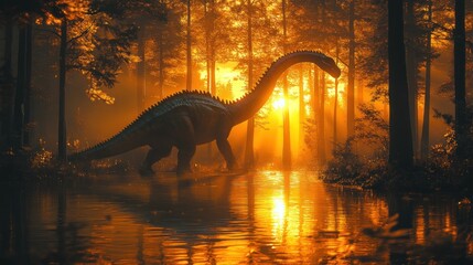 Fototapeta premium Here's a possible and keyword list for your stock photo submission.. Majestic dinosaur silhouette at sunset in a misty forest.