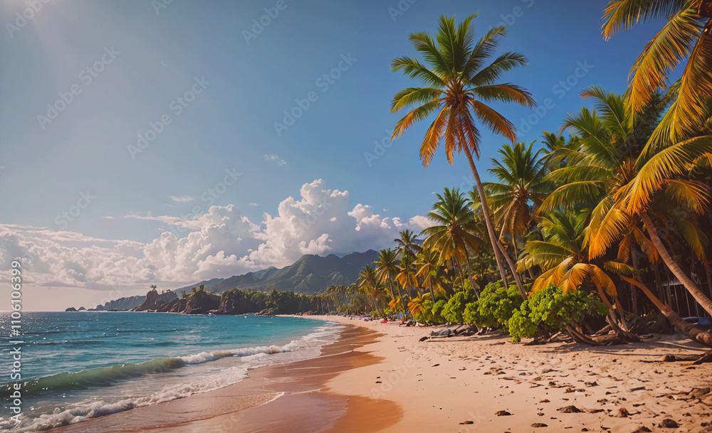 Aufkleber beach with palm trees and a blue ocean. the palm trees are green and yellow. there are people on the