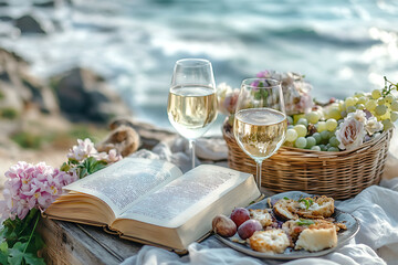 An open book on a wooden table beside two glasses of white wine and a plate of food, overlooking a serene sea. A picnic basket with pastel flowers adds a romantic touch. Perfect for lifestyle, travel