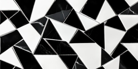 The tile wall features a striking geometric pattern composed of black and white triangles, adding a contemporary touch to the interior decor of the room.