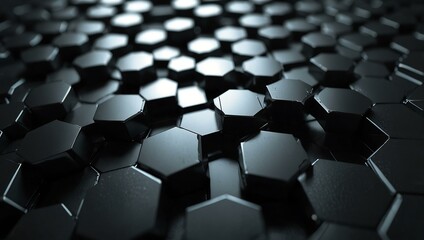Fototapeta premium Futuristic black hexagon honeycomb pattern with white highlights.