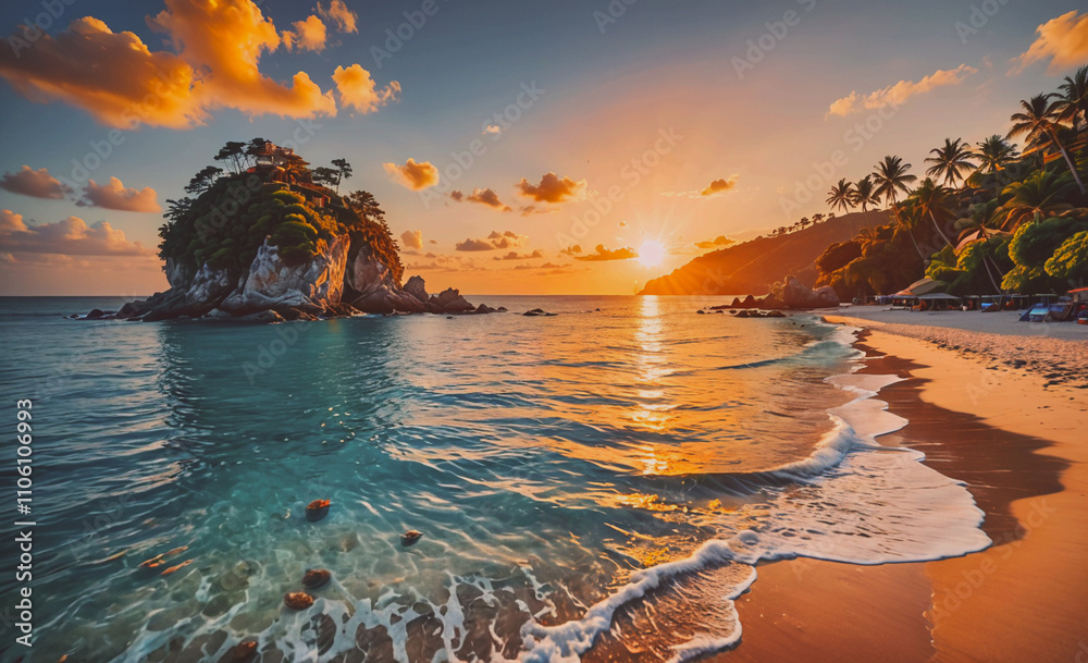 Aufkleber beautiful beach with a small island in the middle of the ocean. the sun is setting and the water is 