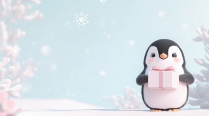 Naklejka premium A penguin is standing in the snow with a pink box in front of it. The image has a cute and playful mood, and it could be a representation of the joy