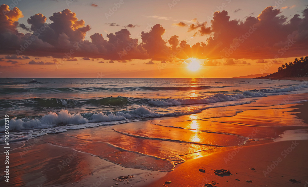 Aufkleber the sun is setting over the ocean. the water is calm and the sky is cloudy. the beach is empty