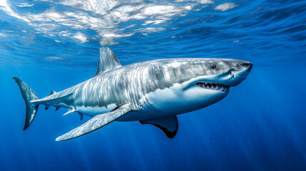 Fototapeta premium Experience the beauty of a great white shark gliding through crystal clear ocean waters showcasing its impressive size and serene movement in the underwater world
