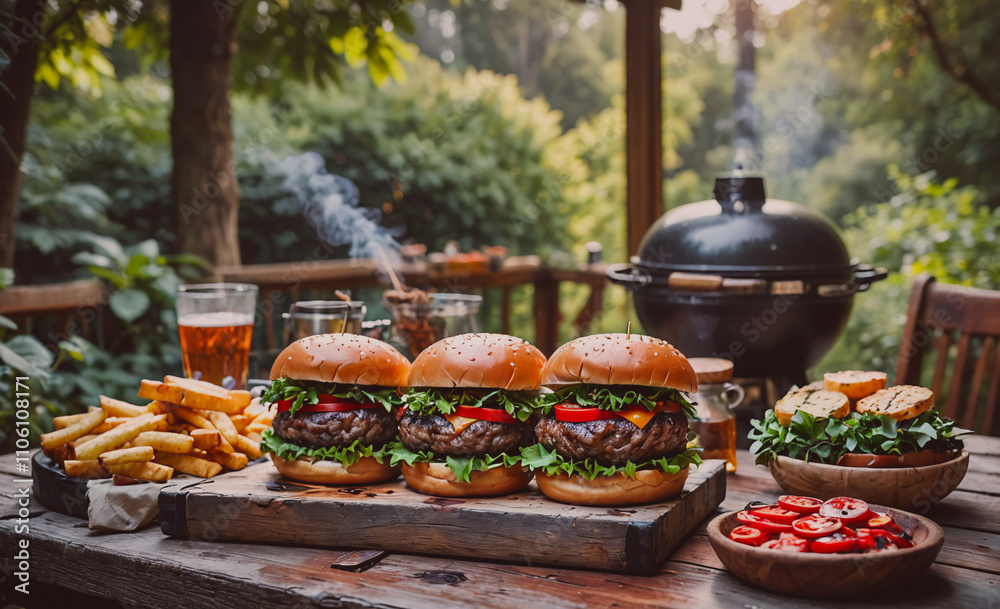 Poster three hamburgers are on a wooden table with a grill and a bowl of fries. there are also three glasse