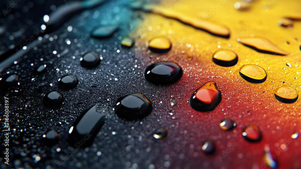 Aufkleber Close-up photo featuring vivid water droplets on a textured, colorful surface, resulting in an abstract and visually captivating composition