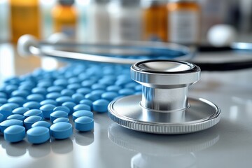 Scattered pills and stethoscope, health care and medicals