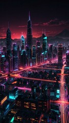 Obraz premium Futuristic cityscape with glowing neon lights.