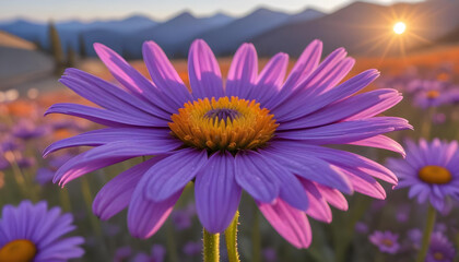 Obraz premium A large purple daisy-like flower with orange center petals in a field of purple flowers, with a blurred background of mountains