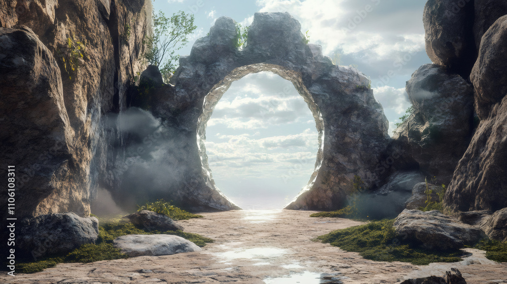 Poster Sunlight streams through a circular opening in a rock formation, illuminating a misty path and creating a dramatic, otherworldly scene