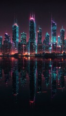 Fototapeta premium Futuristic cityscape with neon lights reflecting on water.