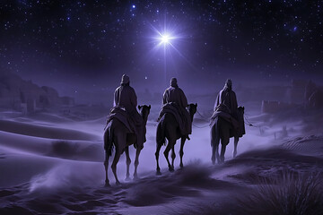Three wise men on camels, journeying through a moonlit desert under a radiant star. Ideal for Christmas cards, religious content, and holiday illustrations