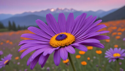 A large purple daisy-like flower with orange center petals in a field of purple flowers, with a blurred background of mountains