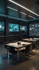 Futuristic classroom with digital learning tools.