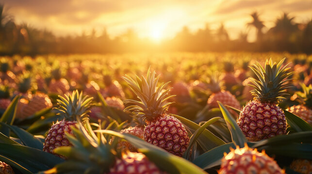 Pineapple Factory. A vibrant pineapple field bathed in golden sunlight, showcasing ripe pineapples under a warm, glowing sky.