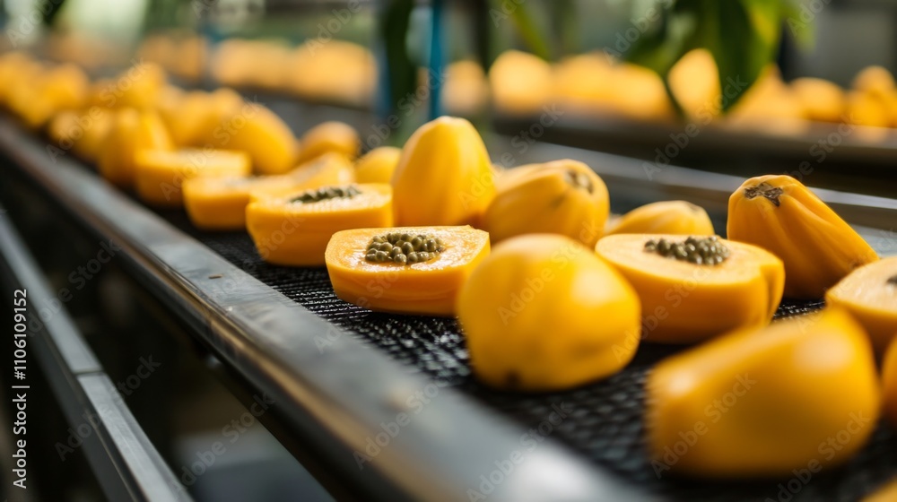 Aufkleber Yellow papayas are sliced and displayed on a conveyor system in a modern juice factory. The automated technology ensures efficiency in preparing fresh juice from ripe fruits.