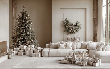 Neutral Palette A luxurious neutral-toned living room with plush white sofas, a soft beige rug, and a Christmas tree with champagne and silver decorations, surrounded by monochromatic gift boxes