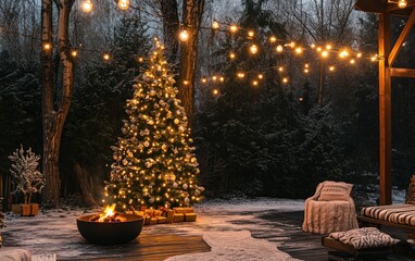 Outdoor Patio A Christmas tree with waterproof LED lights and ornaments, standing on a stylish outdoor patio surrounded by cozy blankets, fire pits, and string lights
