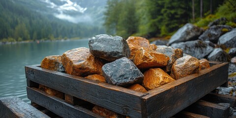 A pile of variously colored rocks rests on a sturdy wooden pallet near a tranquil lake, framed by mountain peaks and dense green trees at dawn