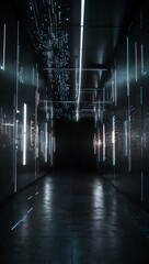 Futuristic hallway with moving light codes.