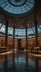 Obraz premium Futuristic library in a vast glass dome, filled with books and soft lighting.