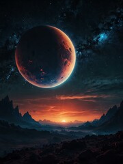 Futuristic night sky over a distant planet.