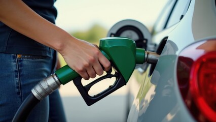 A person is refueling a vehicle at a gas station, holding the fuel nozzle while the sun shines brightly. The setting exudes a sense of routine and calm