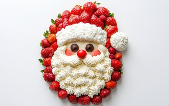 Santa Claus Made of Strawberries and Cream  A cheerful Santa made with strawberries for the hat, whipped cream for the beard, and chocolate eyes. Whimsical and appetizing, white background.