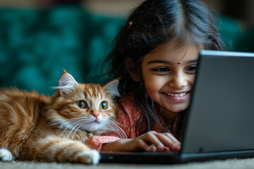 Fototapeta premium Happy Little Indian Desi Girl Child Using Laptop Cuddled With Her Orange Pet Cat Kitten 