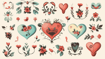 Vintage Heart Cartoon Vector Illustration Background Set