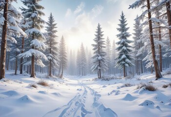 Obraz premium Watercolor winter forest landscape with snow-covered trees, pine, wilderness, frozen, tranquil, snowfall