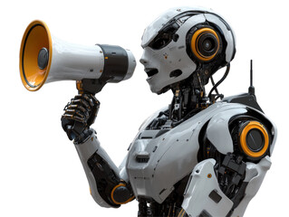 Fototapeta premium A humanoid white and gold robot with a megaphone. PNG isolated on transparent background