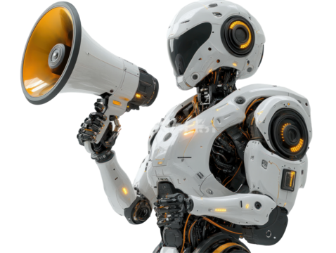 A humanoid white and gold robot with a megaphone. PNG isolated on transparent background