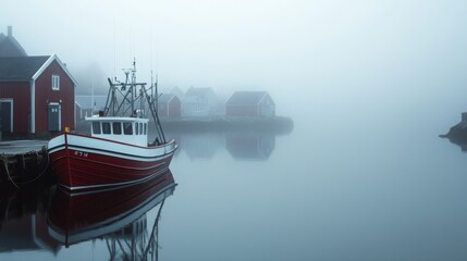 A red fishing boat rests peacefully at a fog-covered dock. Surrounding buildings appear faintly through the mist as the morning light creates a serene atmosphere on the water.