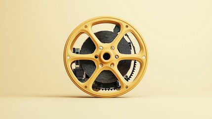 Obraz premium Close-up of a golden bicycle gear with a central hub and visible internal mechanism against a beige background. The design highlights intricate details and mechanical components.