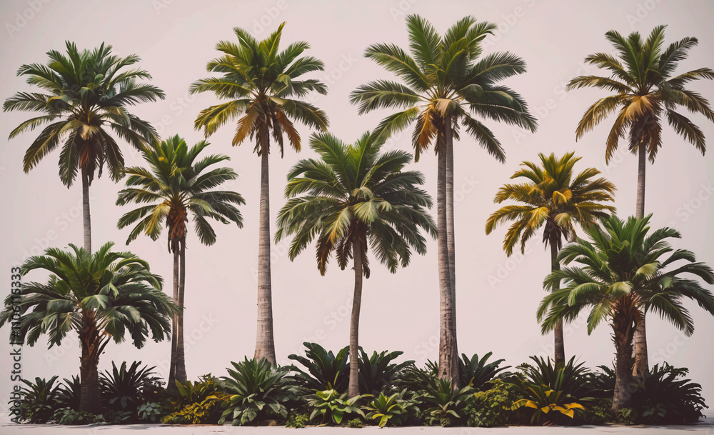 Aufkleber row of palm trees with some green leaves and some brown leaves. the palm trees are all lined up