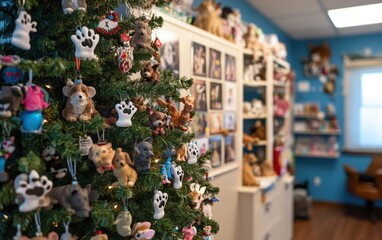 Veterinarian Tree A tree decorated with paw-shaped ornaments, tiny pet toys, and animal figurines, set in a warm and inviting clinic