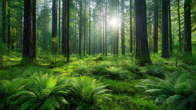 Lush green forest with tall trees and sunlight filtering through leaves - Powered by Adobe