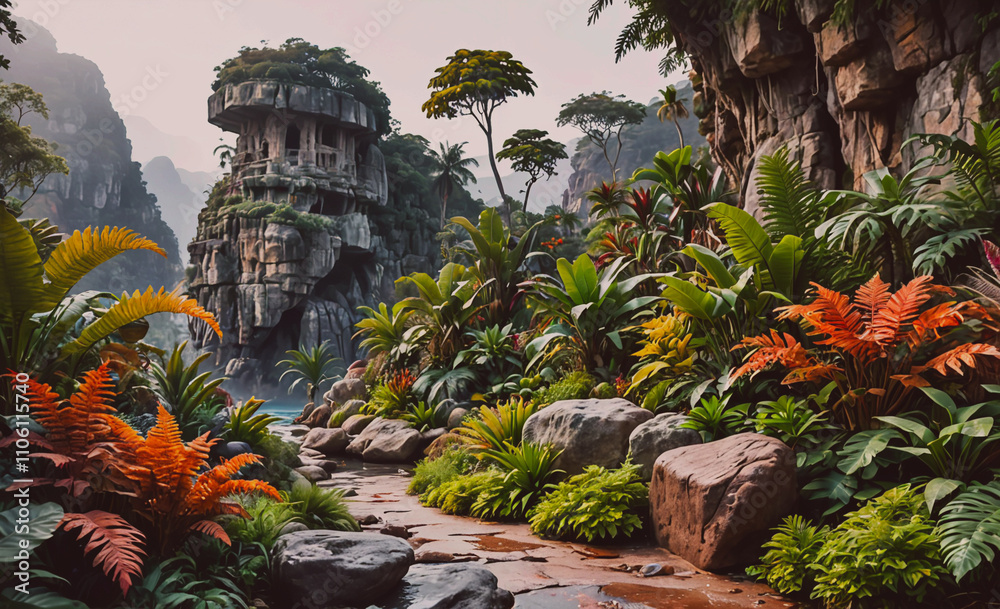 Poster lush jungle with a river running through it. the river is surrounded by rocks and plants. the trees 
