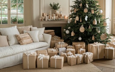 White and Beige Harmony A cozy living room with beige and white tones, featuring a Christmas tree with natural wooden and white ornaments, surrounded 
