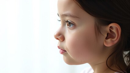 Fototapeta premium Cute little girl is very upset. Almost crying. White background