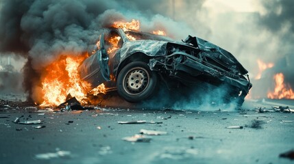 A dramatic scene of a car rollover accident, with smoke and flames visible.

