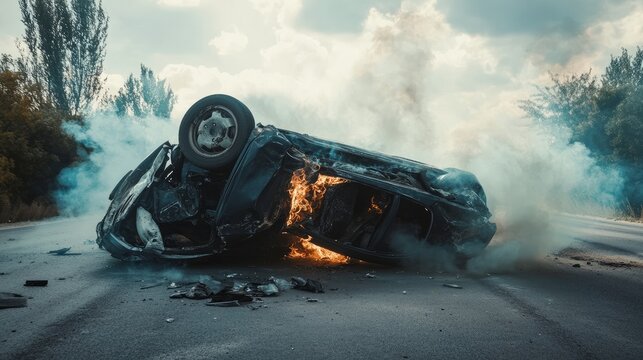 A dramatic scene of a car rollover accident, with smoke and flames visible.

