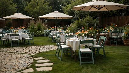 Garden setup with tables and chairs.