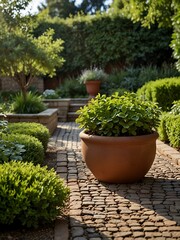 Fototapeta premium Garden with ornamental pot, greenery, and paths.