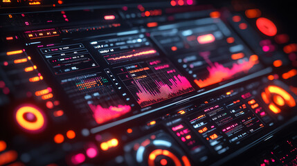 Obraz premium Vibrant electronic music mixing console with visual sound displays and colorful waveforms during a live performance. Generative AI