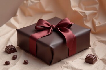 Obraz premium A chocolate-colored box for sweets, tied with a beautiful satin ribbon. A solid gift or surprise for your loved ones
