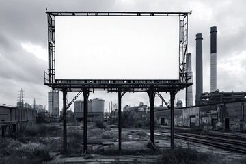 Obraz premium High-definition photo of a blank billboard in an industrial area surrounded by warehouses and smokestacks.